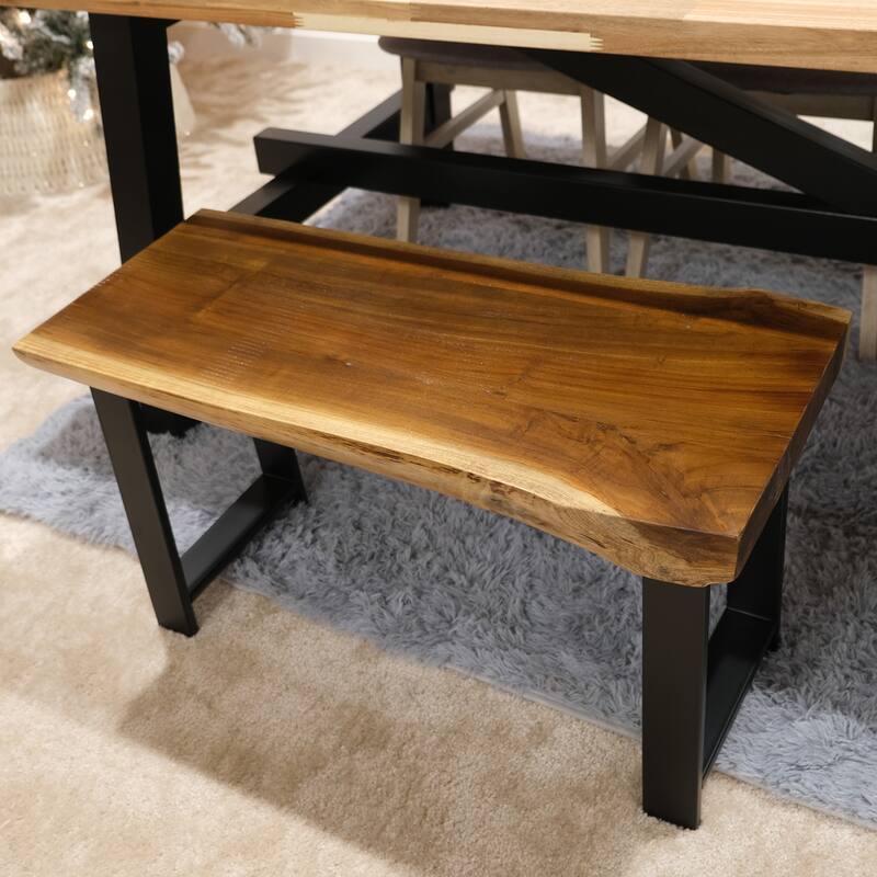 Greenage Pieced Teak Rectangle Bench Rustic Metal Seating Chair