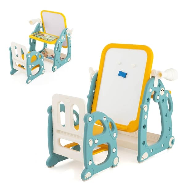 slide 2 of 10, Gymax Kids Art Easel with Chair Kids Activity Table & Chair Set w/ Blue + Yellow