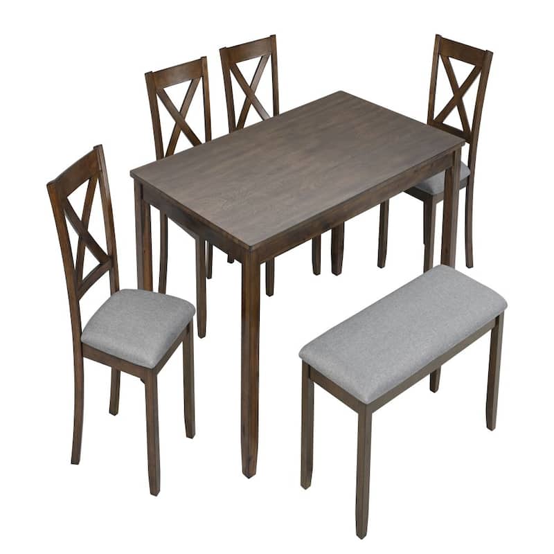 6 Piece Kitchen Dining Set, Rectangular Wooden Dining Table with 4 Upholstered Chairs and a Bench