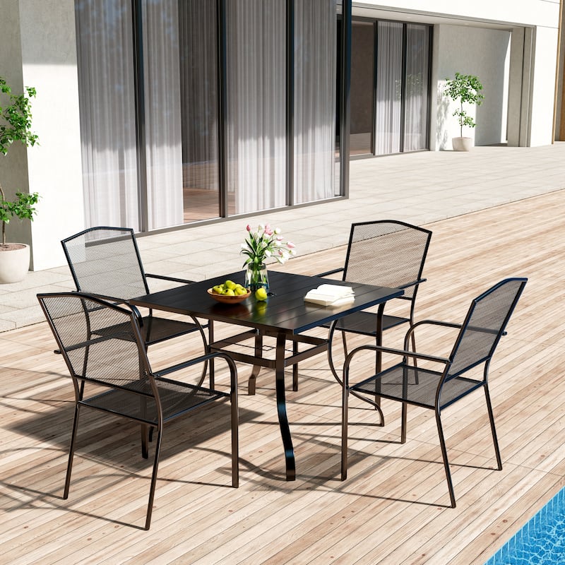 Clihome Outdoor 5 Piece Patio Dining Table Steel Mesh Chair Set, Limited Time Free Patio Umbrella