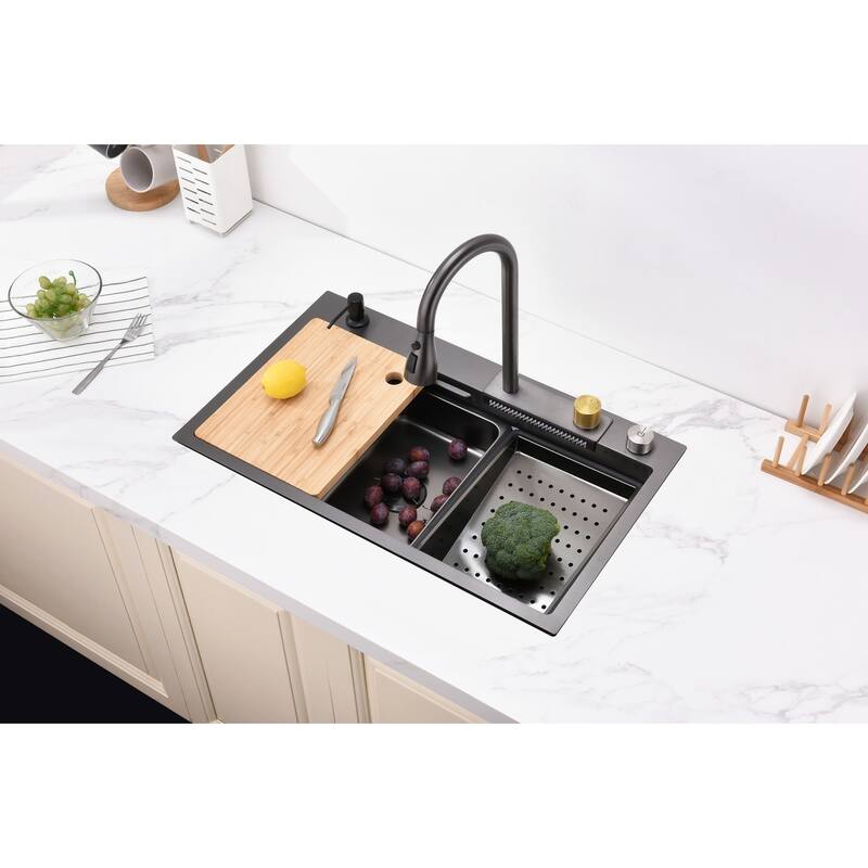 Black 30 Inch Single Bowl Stainless Steel Base Kitchen Sink with Pull-Out Faucet, Cutting Board, Nested Basin