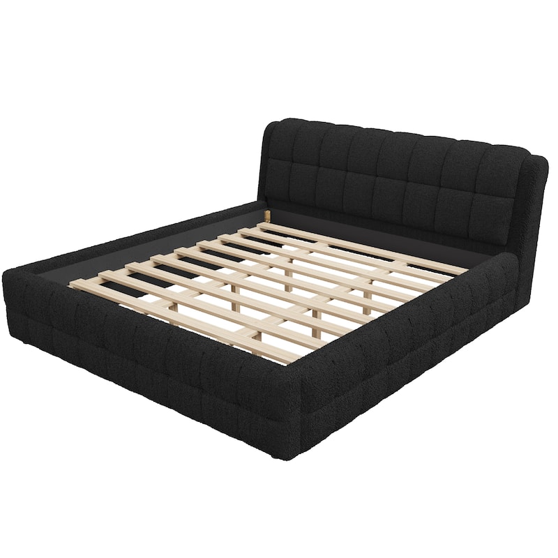 Upholstered Platform Bed with Thick Wingback Headboard and Wood Slat Support