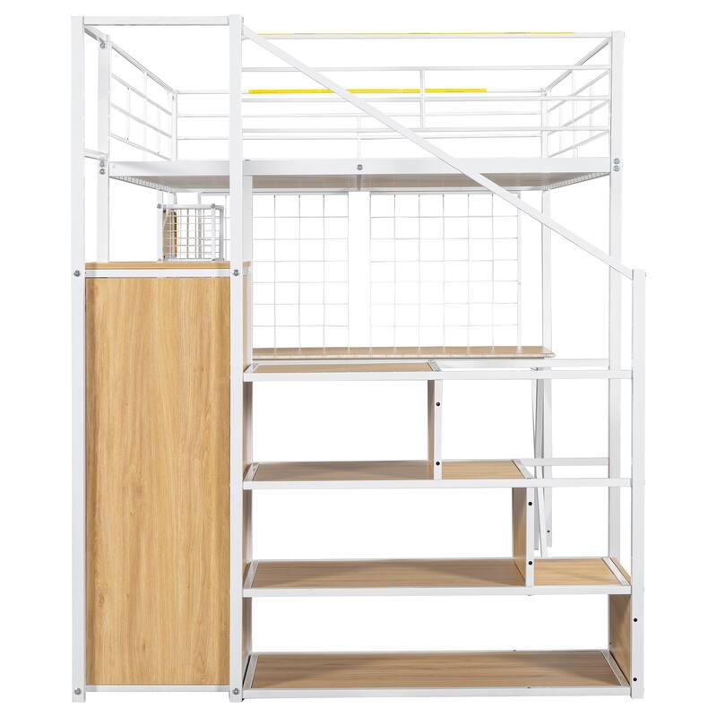 Space Saving Metal Loft Bed with Work Station,Wardrobe,LED Lights,Storage Staircase