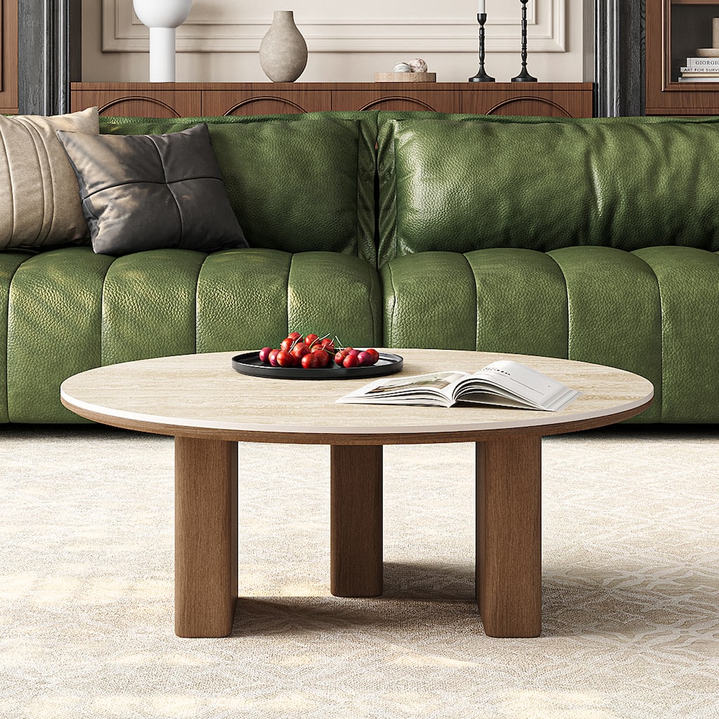 35.4'' Mid-Century Modern Round Coffee Table with Stone Countertop, Stain-Resistant Center Table for Living Room