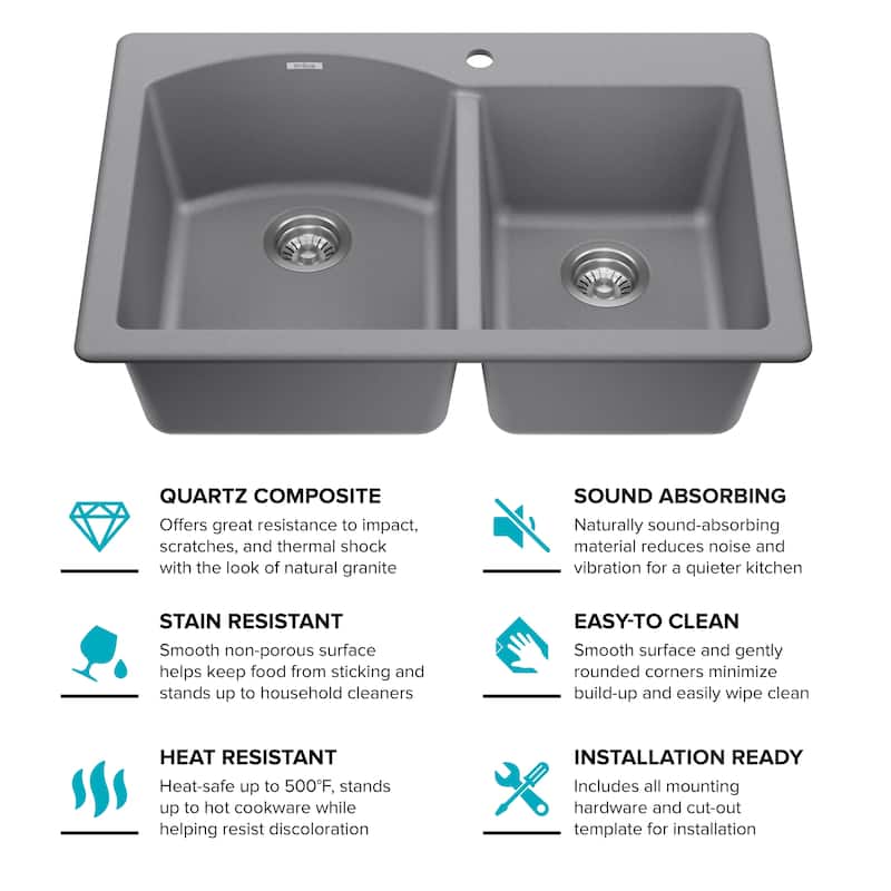 KRAUS Forteza Granite 33 inch 60/40 Undermount Drop-in Kitchen Sink