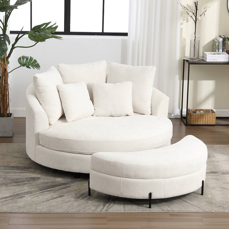 Modern Sofa Chair Round Accent Barrel Chair With 5 Pillows and Storage Ottoman