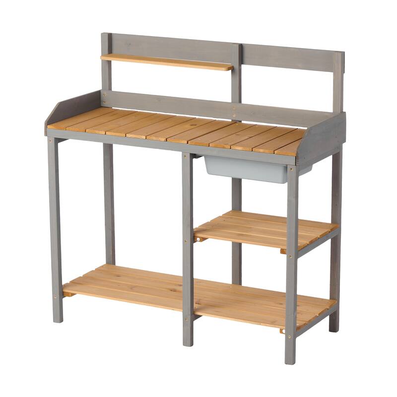 GDF Studio - Outdoor Solid Wood Potting Bench with Sink and Storage Garden Workstation