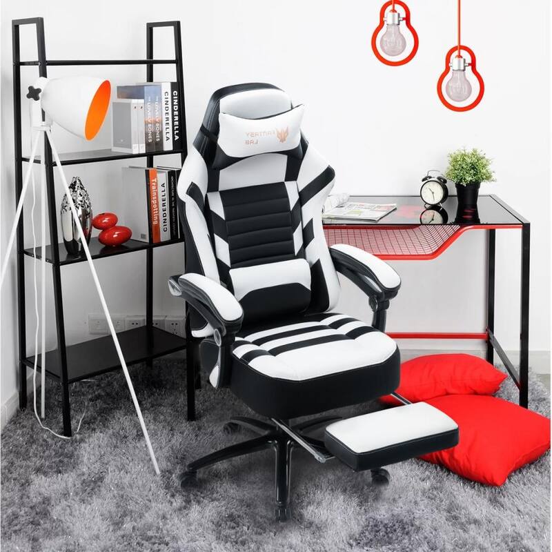 Ergonomic Office Chair Adjustable Swivel Recliner with Massage Lumbar Pillow and Retractable Footrest, for Office - White