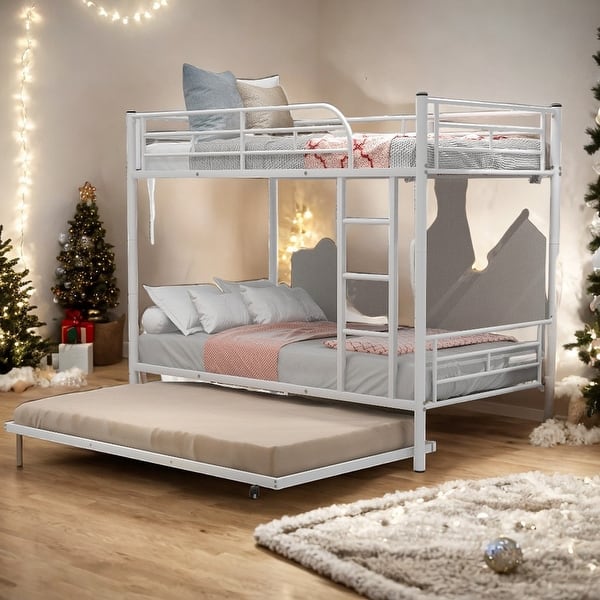 slide 2 of 20, Artsy Twin-Over-Twin Metal Bunk Bed With Trundle, Separate into 2 Twin Beds, Ultimate Space Saver, No Box Spring needed, White White