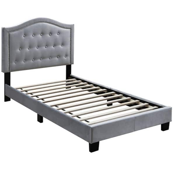 slide 2 of 2, Button Tufted Twin Velvet Bed with Curved Headboard, Grey Grey
