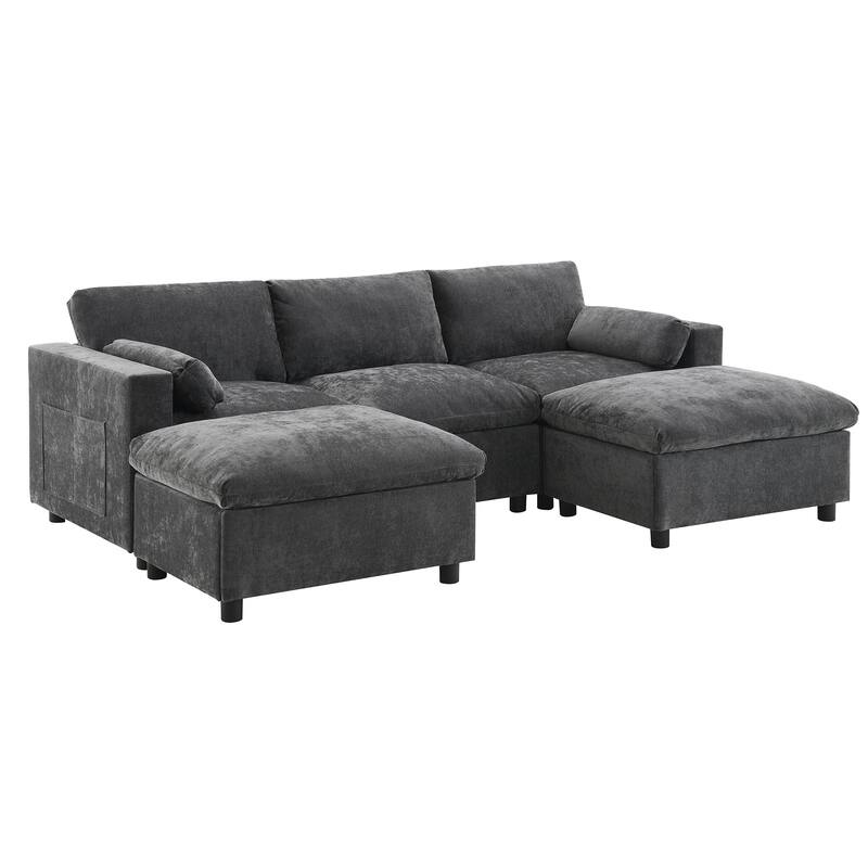 86.5" Chenille Modular Sofa with Storage Pockets, Movable Ottomans