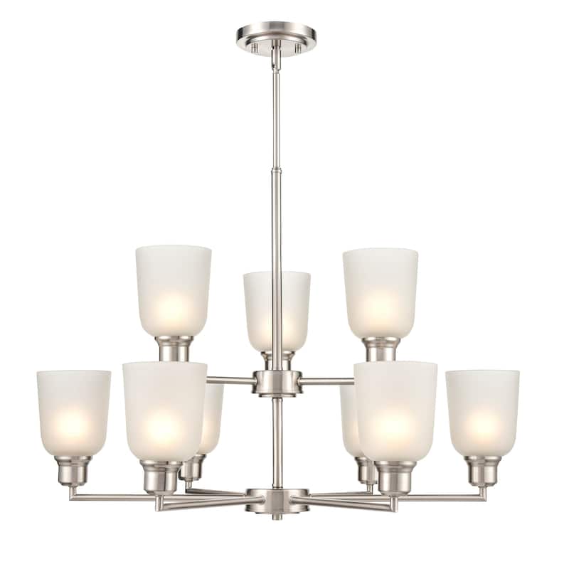 Millennium Lighting Amberle 2 Tier Brushed Nickel or Matte Black 9 Light Chandelier with Frosted White Shades