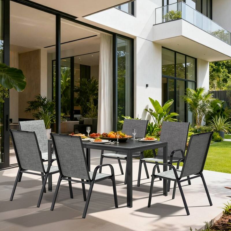 6-Person Patio Dining Set, Textilene Stackable Chairs and Rectangular Table with Umbrella Hole