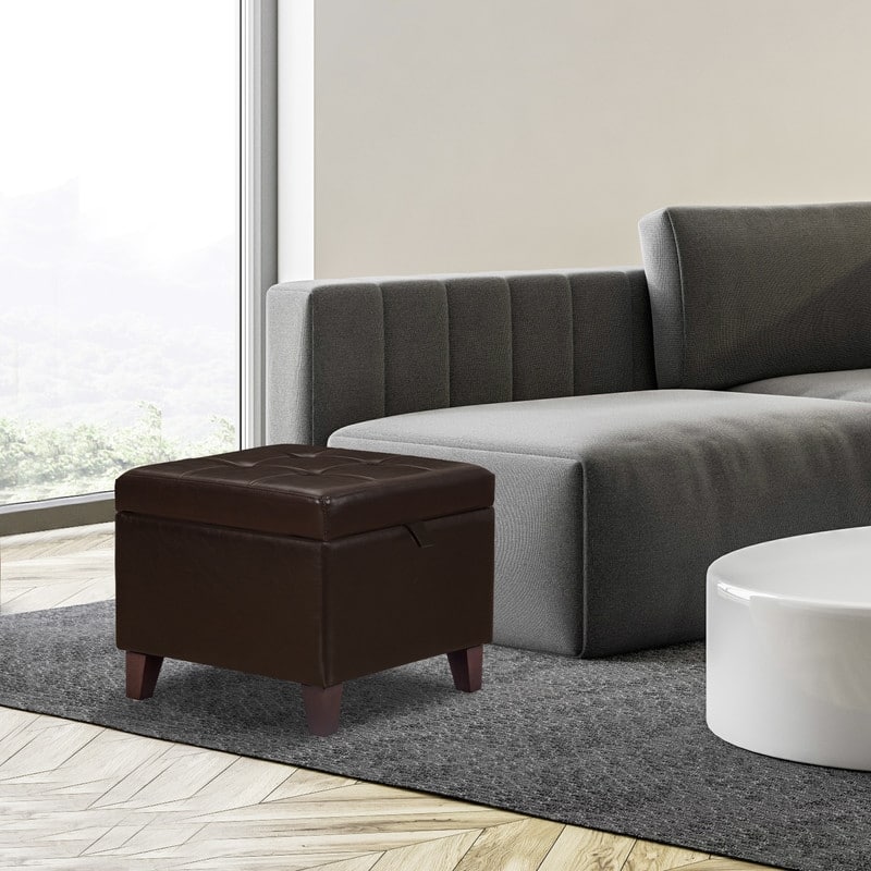 Adeco Faux Leather Storage Ottoman Square Bench Footrest Stool