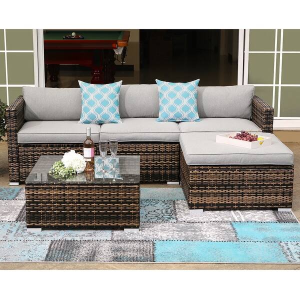 slide 6 of 7, COSIEST 5-Piece Outdoor Patio Furniture Sectional Sofa Set With Ottoman Warm Grey
