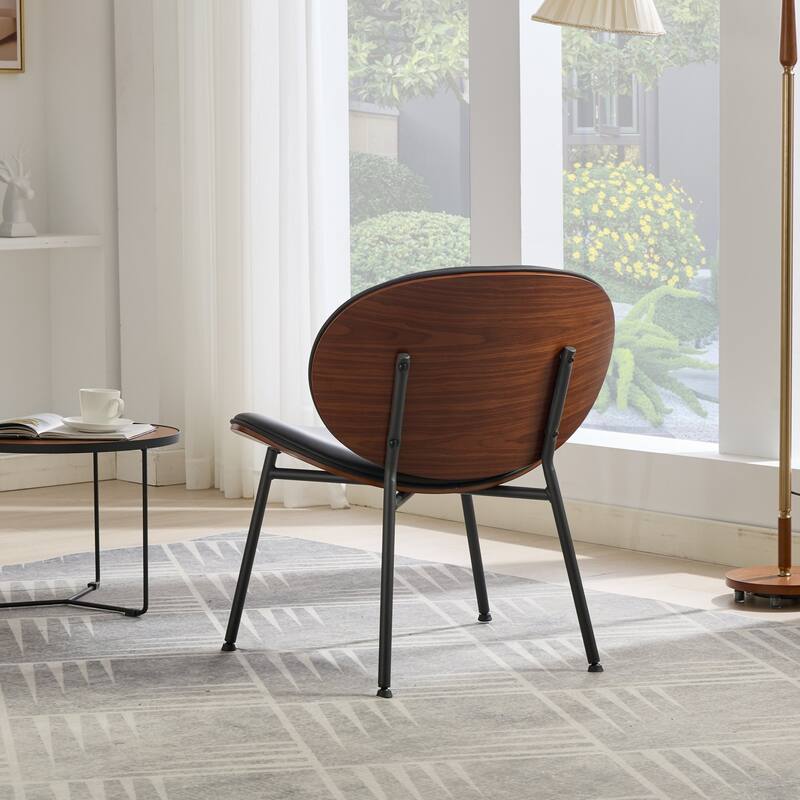 Shell Chair Single Side Chair Tripod Black Leather Lounge Chair in Walnut Finish Comfortable Backrest,Black color