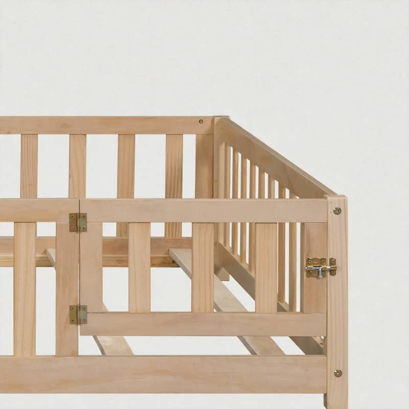 Full Size Montessori Floor Bed with Fence and Door, Solid Wood Platform Bed with Slats for Kids and Toddlers