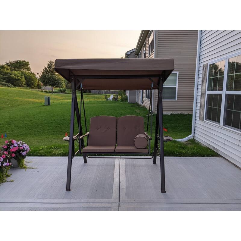 PURPLE LEAF Outdoor Patio Porch Swing with Canopy and Side Tables