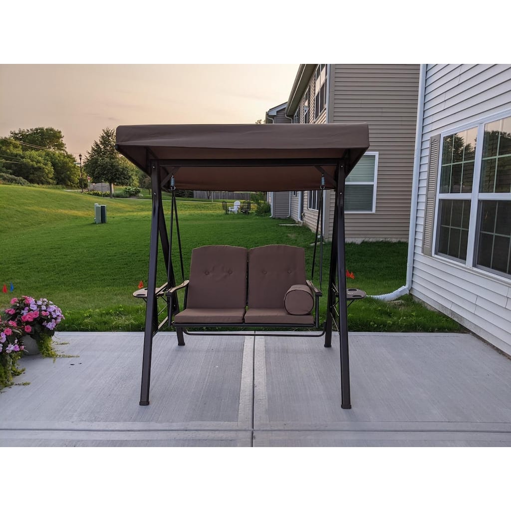PURPLE LEAF Outdoor Patio Porch Swing with Canopy and Side Tables