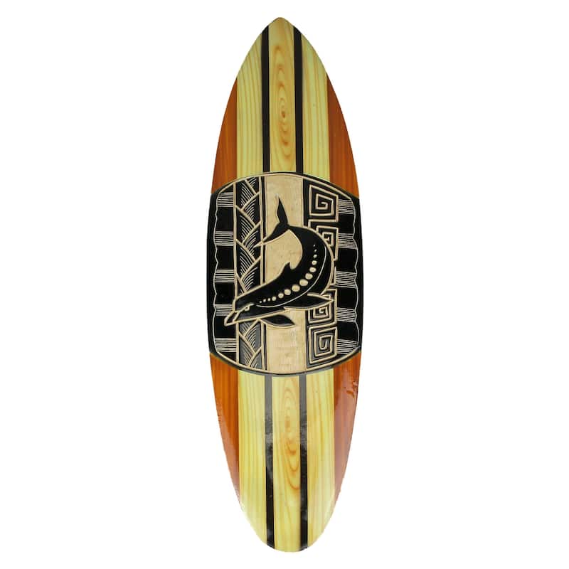 Hand Crafted Wooden Tribal Imitation Dolphin Design Surfboard Wall Hanging 20 - Brown - 19.5 X 5.5 X 0.5 inches