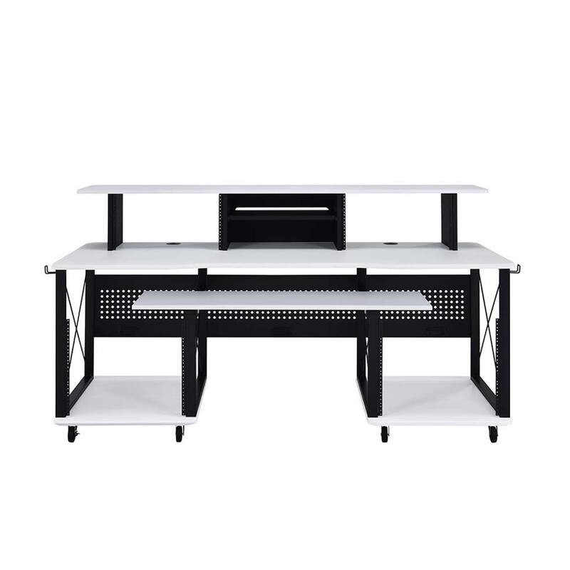 72 Inch Music Desk Workstation, Crossed Metal Panels, Keyboard Tray, White