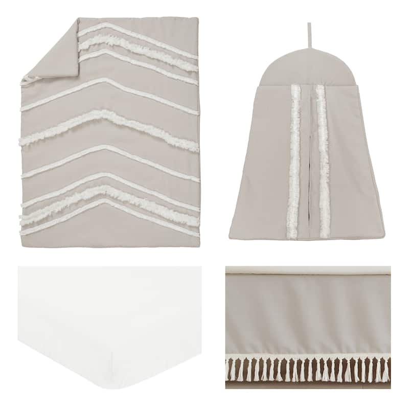 Boho Bohemian Boy Girl 4pc Nursery Crib Bedding Set - Solid Taupe Beige Ivory Cream Linen Farmhouse Shabby Chic Gender Neutral