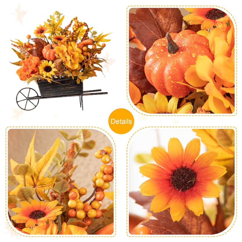 Glitzhome 14"L Fall Floral sunflower Pumpkins/ Sorghum Cart Centerpiece Harvest Table Decor