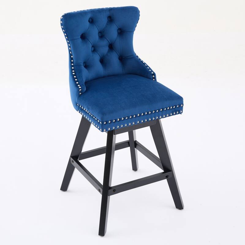 Swivel Bar Stools Set of 2, Velvet Counter Height Barstools with Wooden Legs, Kitchen Island Chairs with Button Backrest