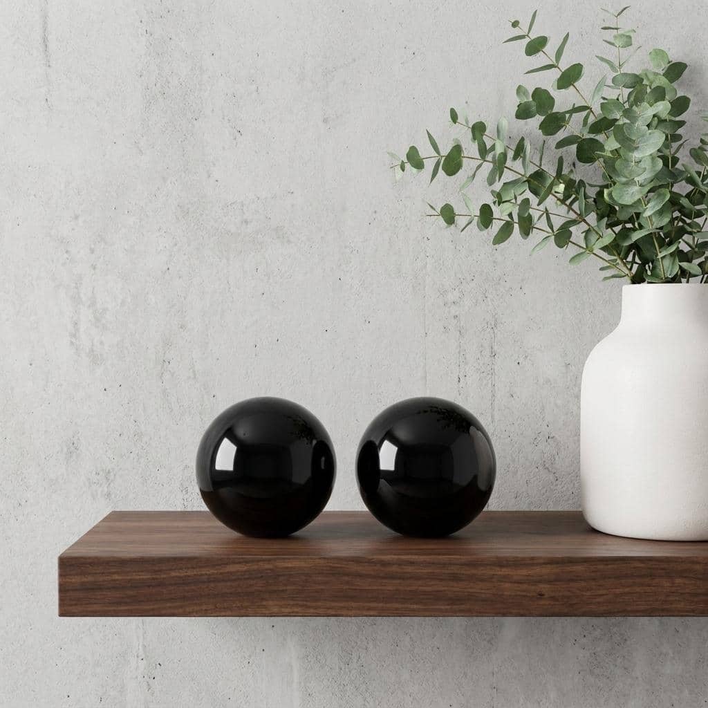 HomeRoots Set of Two 3" Black Aluminum Decorative Orb Tabletop Sculptures - 3.00 in. x 3.00 in. x 3.00 in.