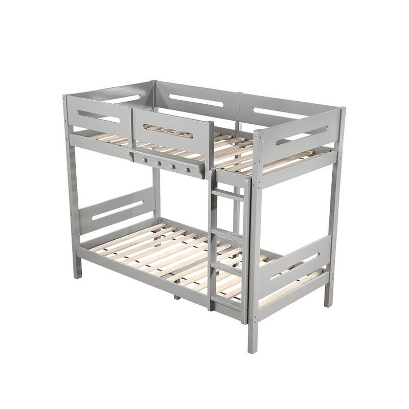 Wooden Twin over Twin Bunk Bed with Ladder in Gray Finish - Gray - Twin