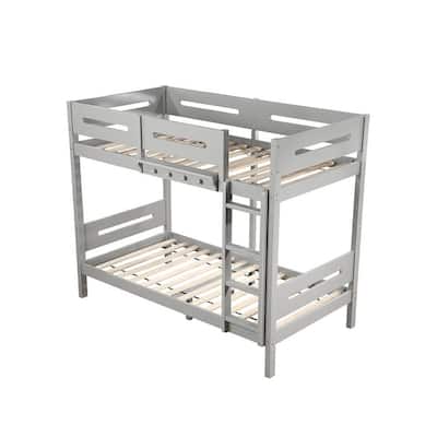 Wooden Twin over Twin Bunk Bed with Ladder in Gray Finish