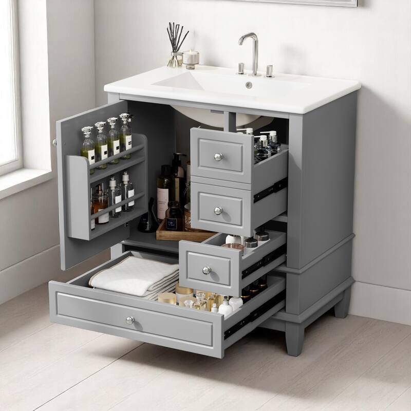 30" Freestanding Bathroom Vanity with Sink, One Door Cabinet and 3 Drawers, Solid Wood Frame & MDF Board