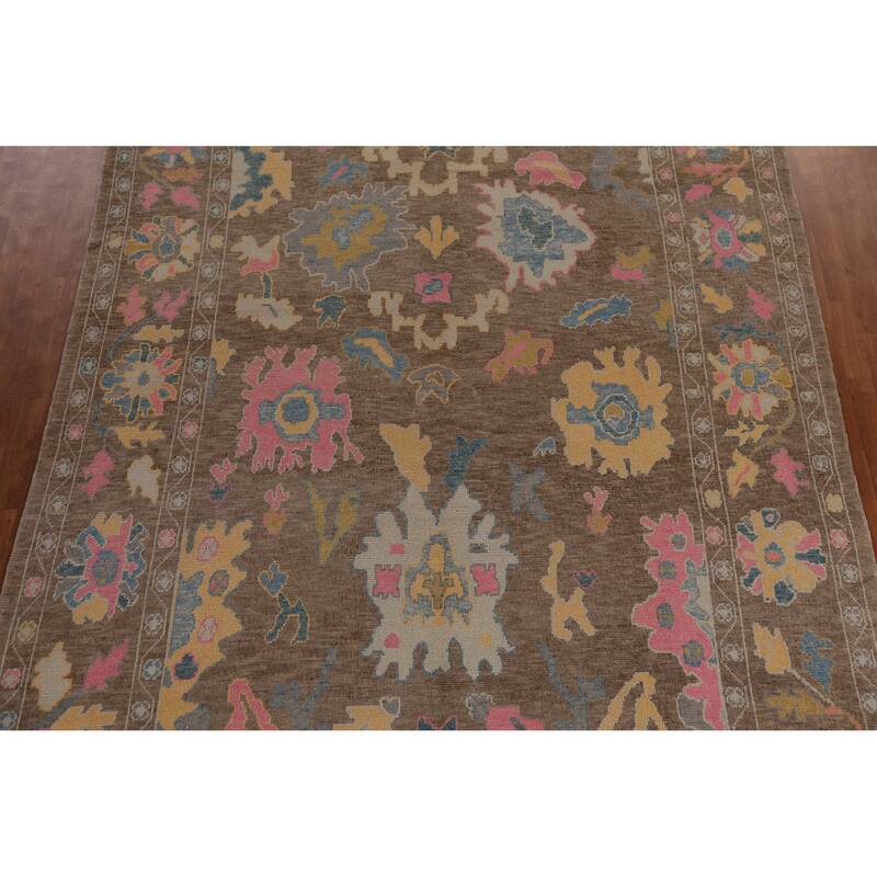 Hand Knotted Oriental 100% Wool Carpet Transitional All-Over Brown Oushak Area Rug - 12' 8'' X 8' 11''