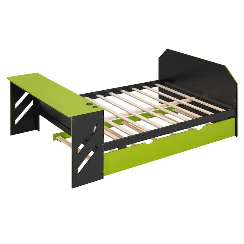 Full Size Daybed with Pull-Out Twin Trundle, Built-In Desk, USB Charging by Harper&Bright Designs