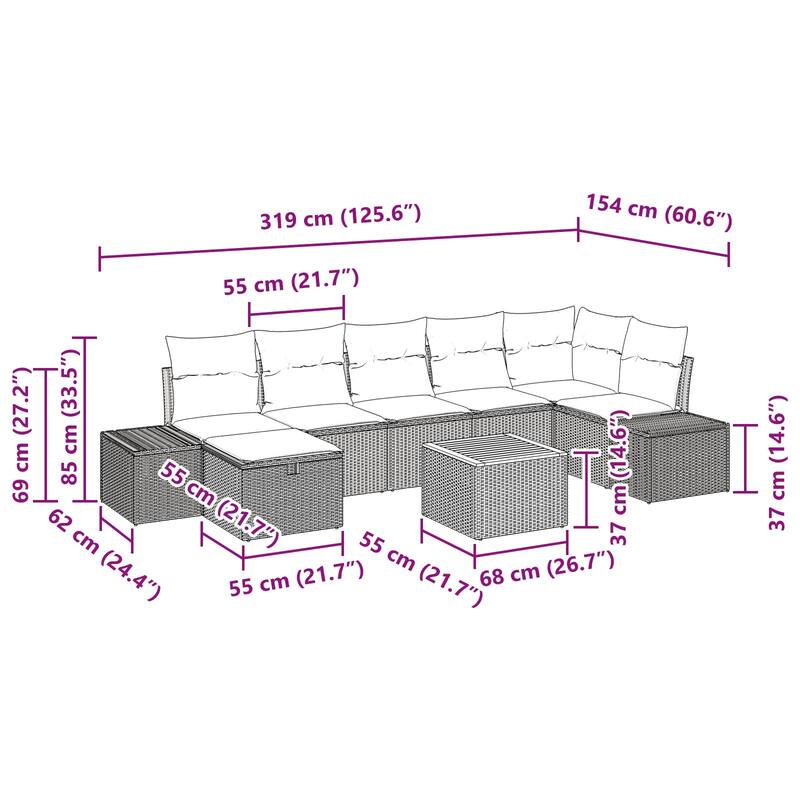 vidaXL 8 Garden Sofa Set with Cushions Black/Grey Poly Rattan - 125.6 x 60.6 x 27.2