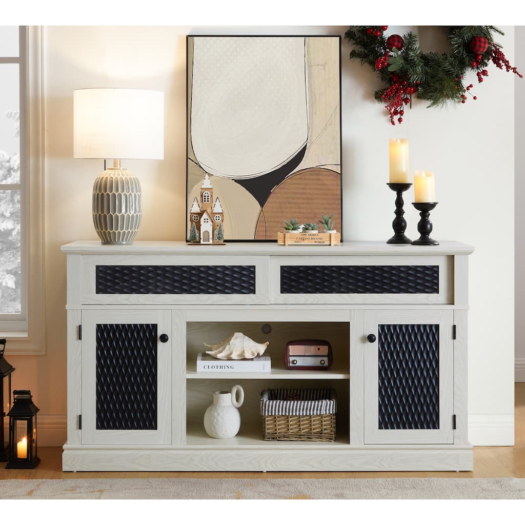 Embossed Pattern TV Stand, TV and Media Console with Open and Closed Storage Space and sliding door for Living Room