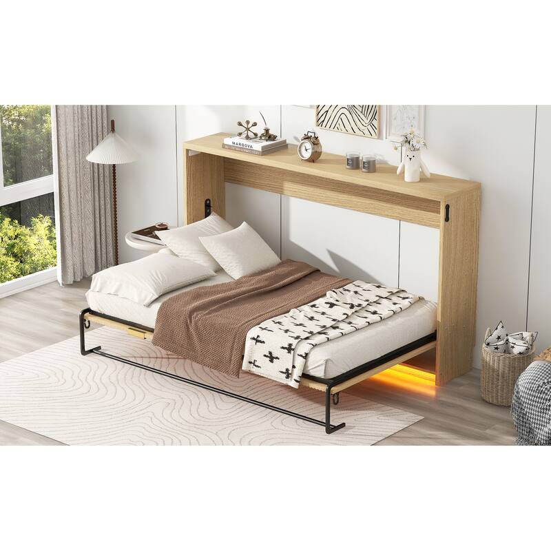 Twin-Size Murphy Bed with LED Lighting, Folds into a Cabinet, Natural Finish