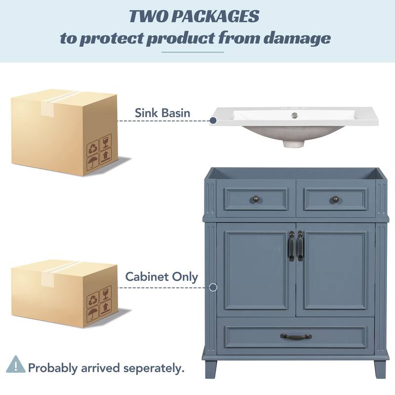 30-Inch Blue Modern Bathroom Vanity with Resin Sink, Soft-Close Doors & Multi-Purpose Storage Cabinet