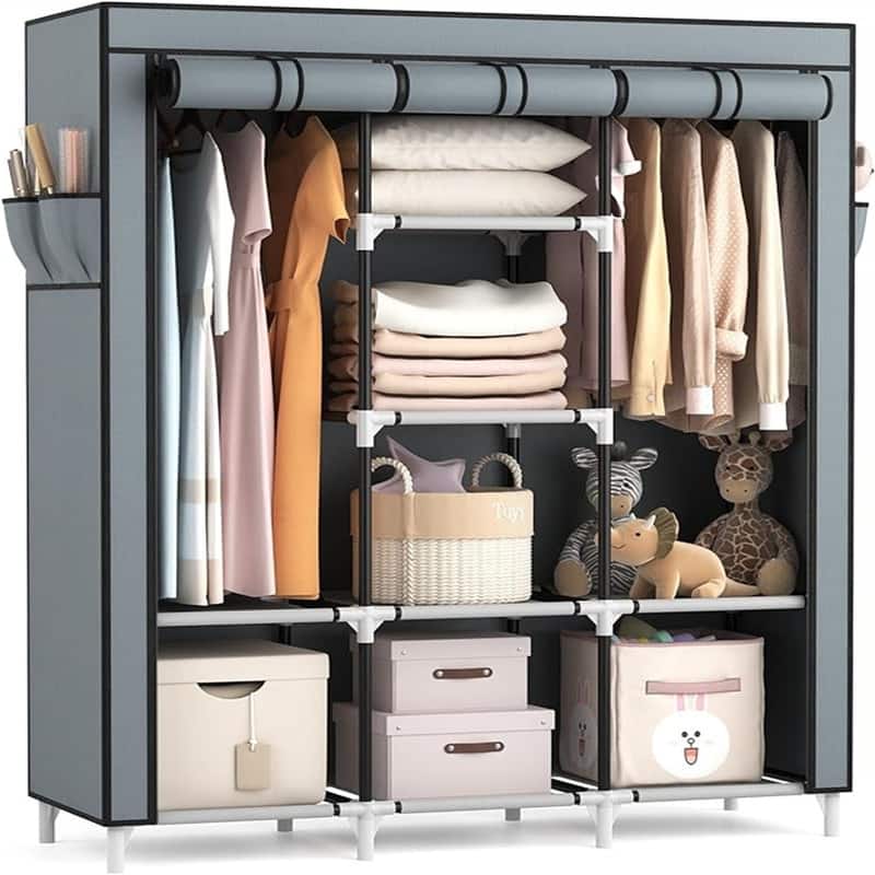 Portable Closet Wardrobe for Hanging Clothes with 2 Hanging Rods and 8 Storage Organizer Shelves - 15.4"D x 49"W x 64"H