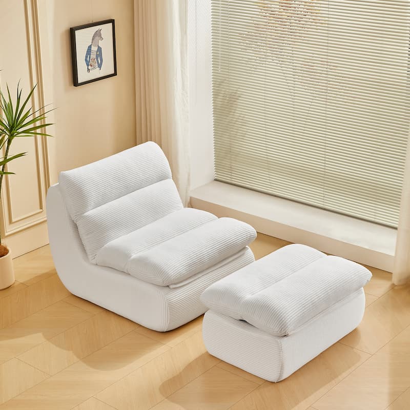 White Corduroy Lounge Chair with Ottoman and High-Density Foam Seat - 31.89" x 39.72" x 29.53"