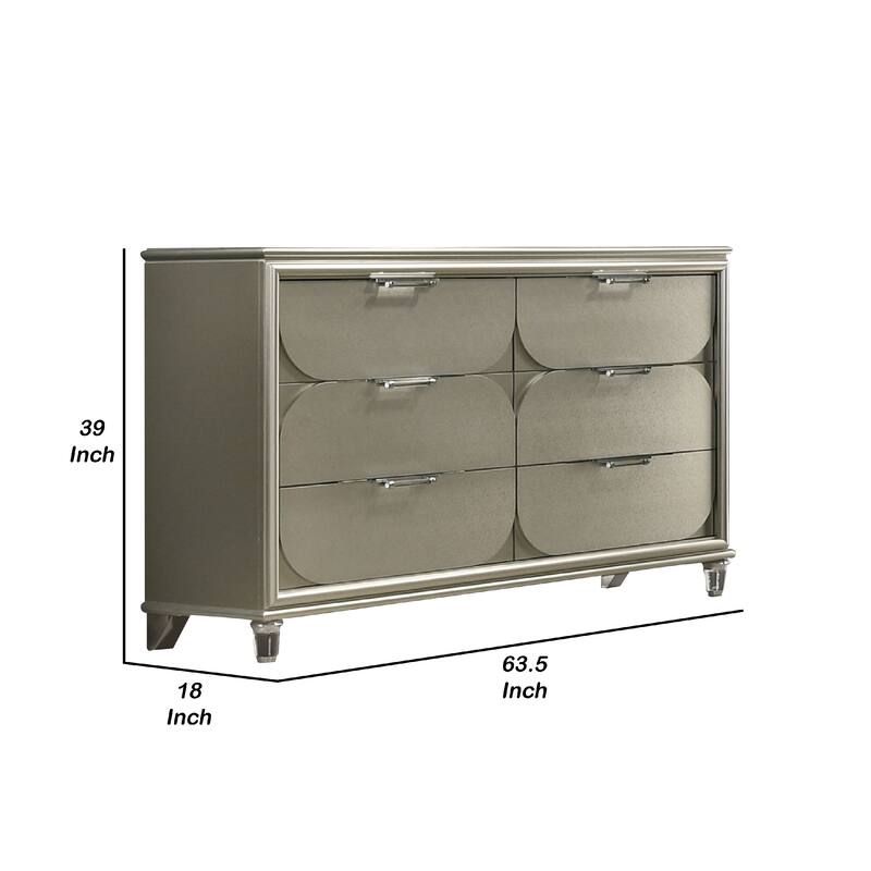 Zema 6 Drawer Wide Dresser, Silver Solid Wood with Acrylic Accents