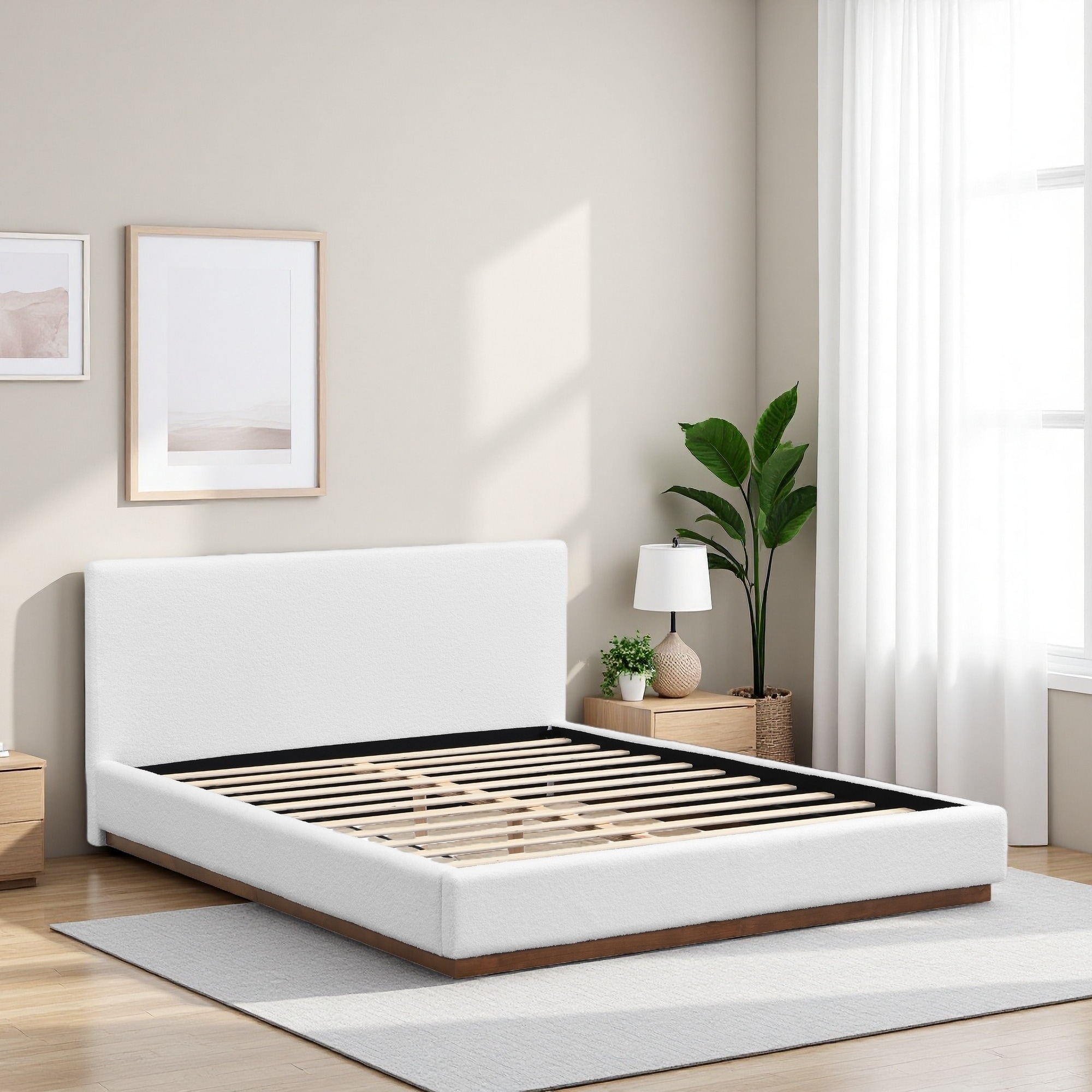 Queen Size Elegant Fabric Upholstered Bed with Wood Grain Textured Solid Wood Base Frame, Sturdy & Comfortable, Easy Assembly