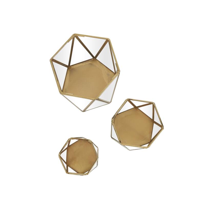 Metal Geometric Triangle Patterned Hexagon Indoor Outdoor Candle Lantern - Set of 3 Gold - CosmoLiving by Cosmopolitan