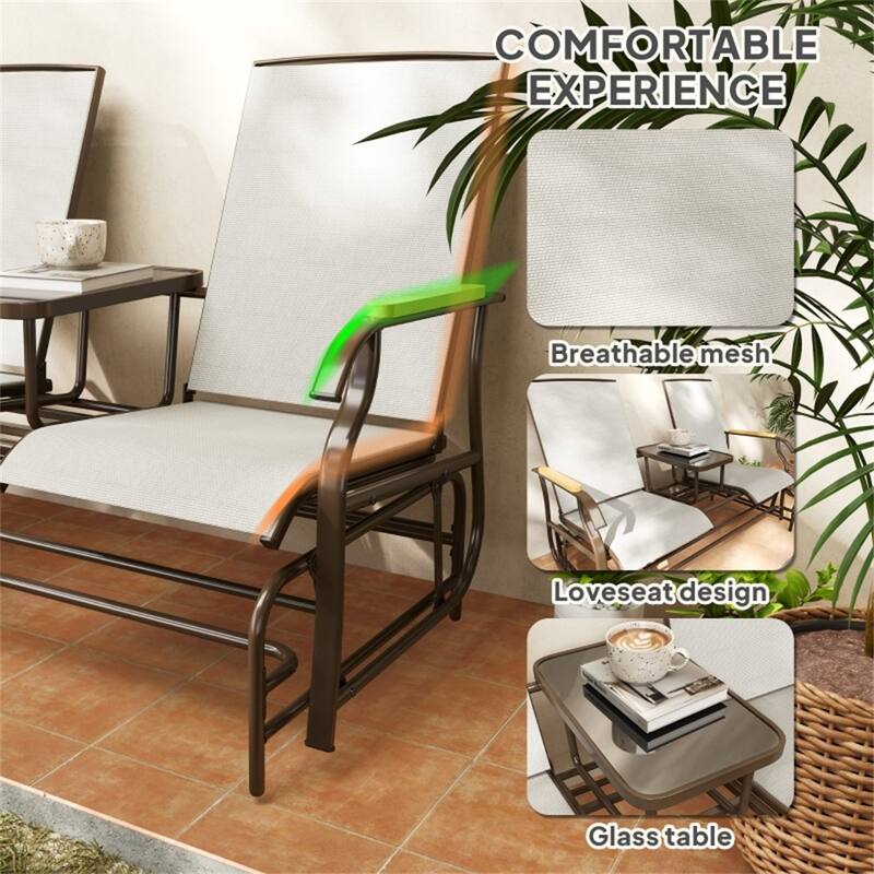 Steel Mesh Loveseat Rocking Glider Chair with Table - 57.75" W x 32.25" D x 38.5" H