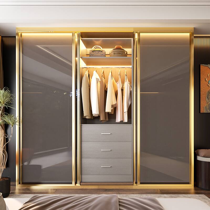 Kyrvo Freestanding Closet Sytem with 3 Wooden Drawers and Hanging Rod and Storage Shelf, Walk-in Closet Organizer Wardrobe