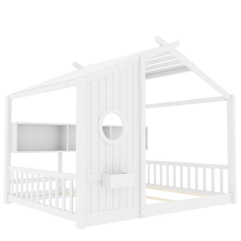 Montessori Bed House Bed with Roof and Storage Shelf, Wood Playhouse Bed Design Floor Bed with Round Window for Kids Toddler