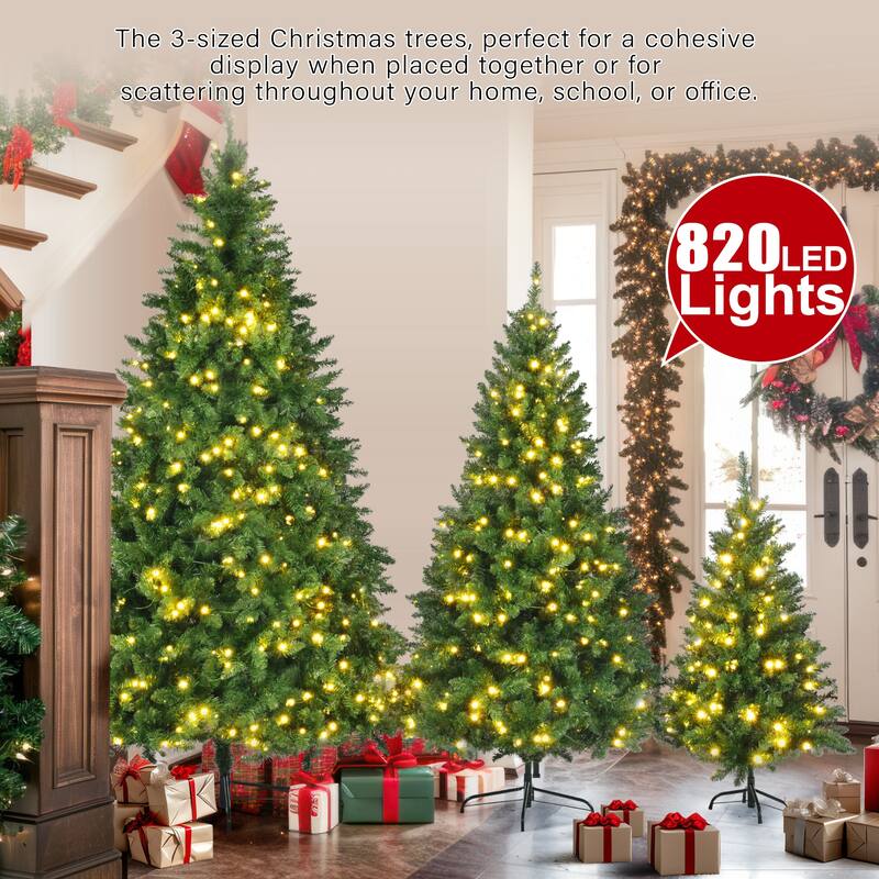 8FT, 6FT, 4FT Pre-Lit PVC Christmas Trees Set with Warm Yellow LED Lights and 2539 Branch Tips for Home Holiday Decoration