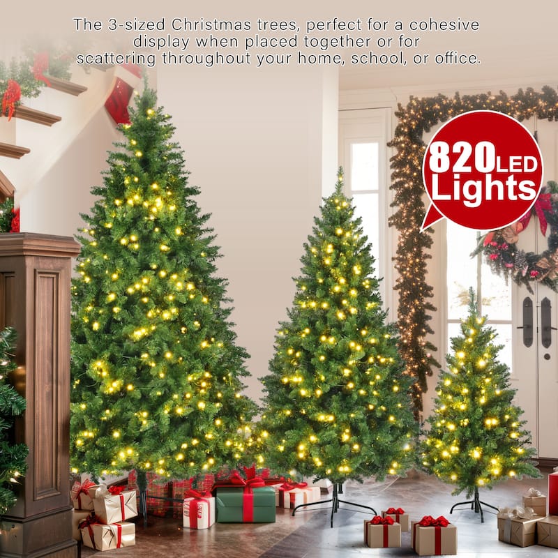 Set of 3 Pre-Lit Green Pine Christmas Trees 4ft 6ft 8ft, 820 LED Lights, Hinged PVC Holiday Decor