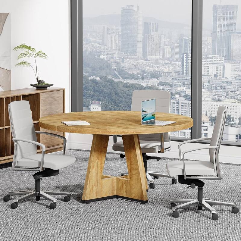 47" Round Conference Table Meeting Room Table with Thickened Top Wood Base Modern Training Desk for Conference/Seminar Room