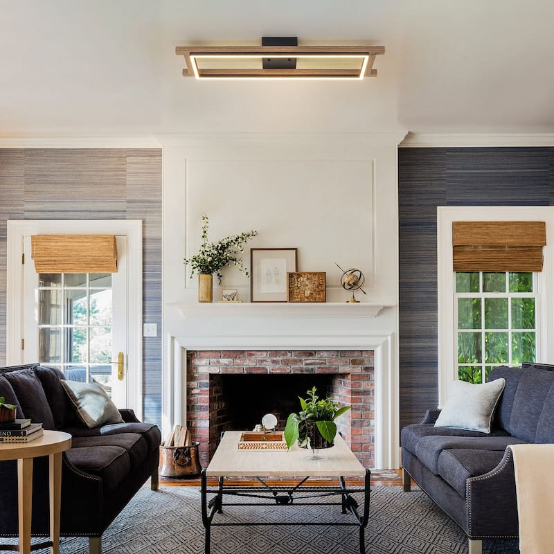 Integrated LED Rectangle Wood Semi Flush Mount Ceiling Light for Hallway Foyer